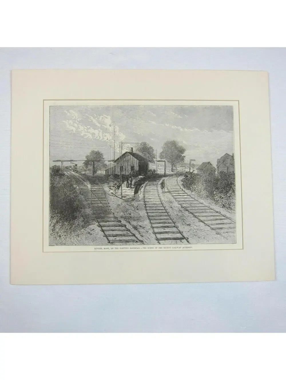 Antique 1871 Wood Engraved Print Revere Massachusetts Railroad Train Wreck Scene